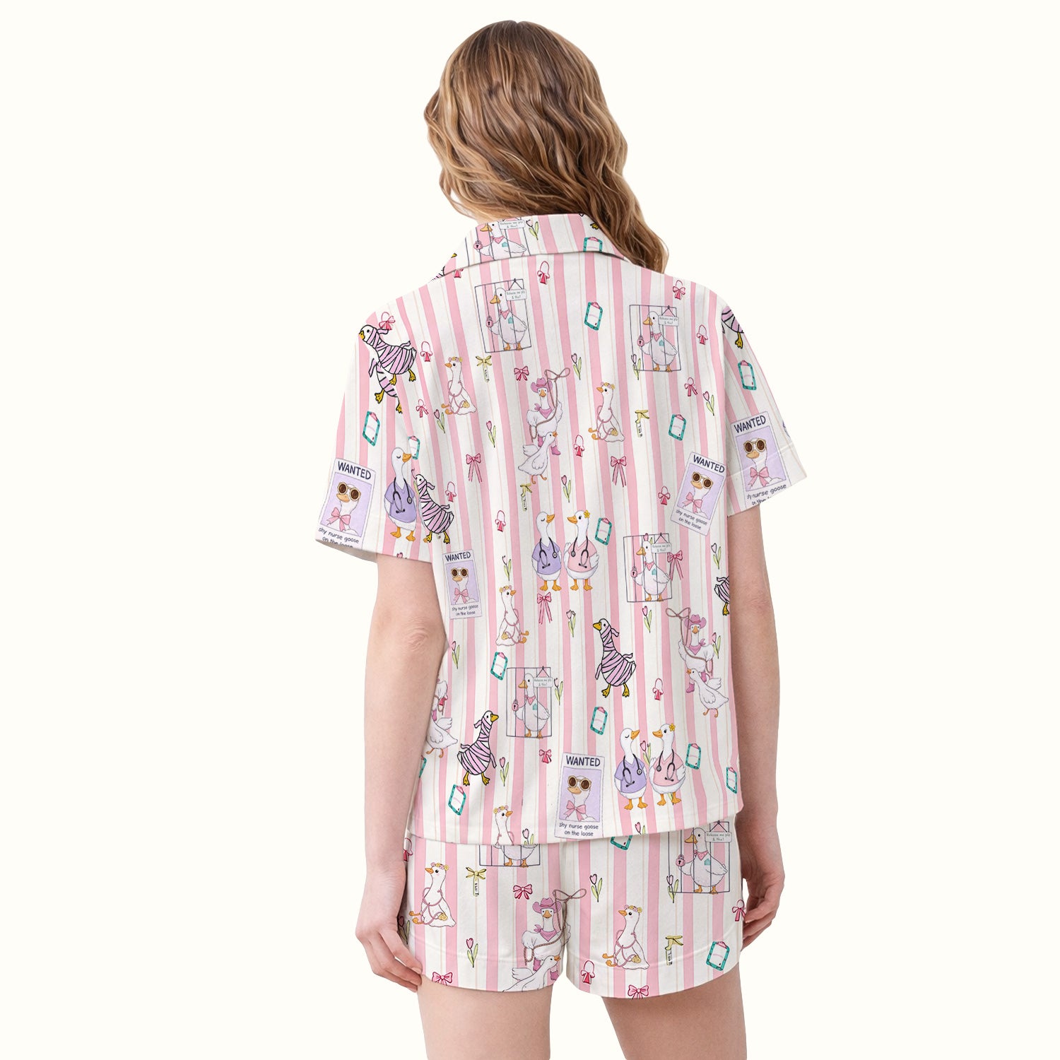 Cute Nurse Duck Stripe Pattern Pajama Set, Breathable Fabrics Uniform