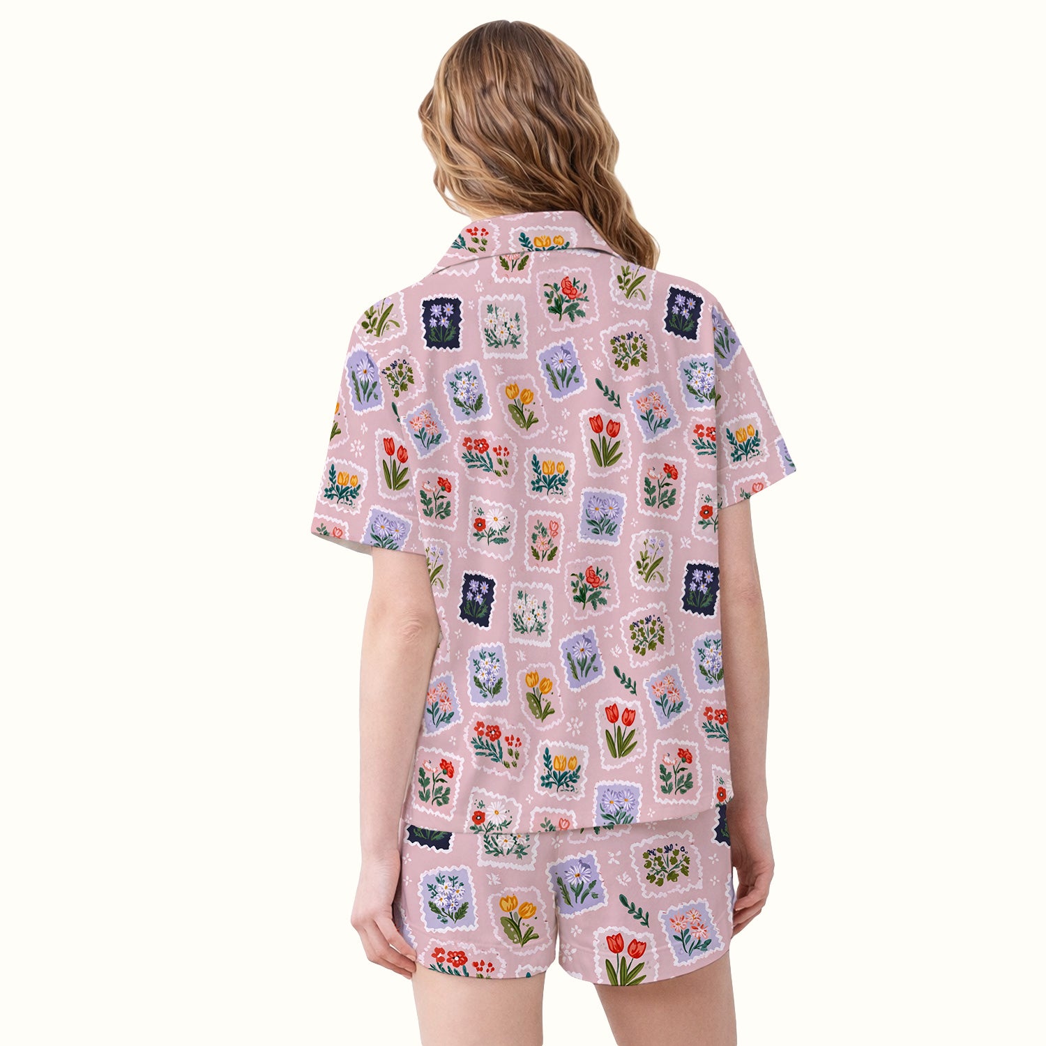 Vintage Flower Stamp Pattern Pajama Set, Breathable Fabrics Uniform