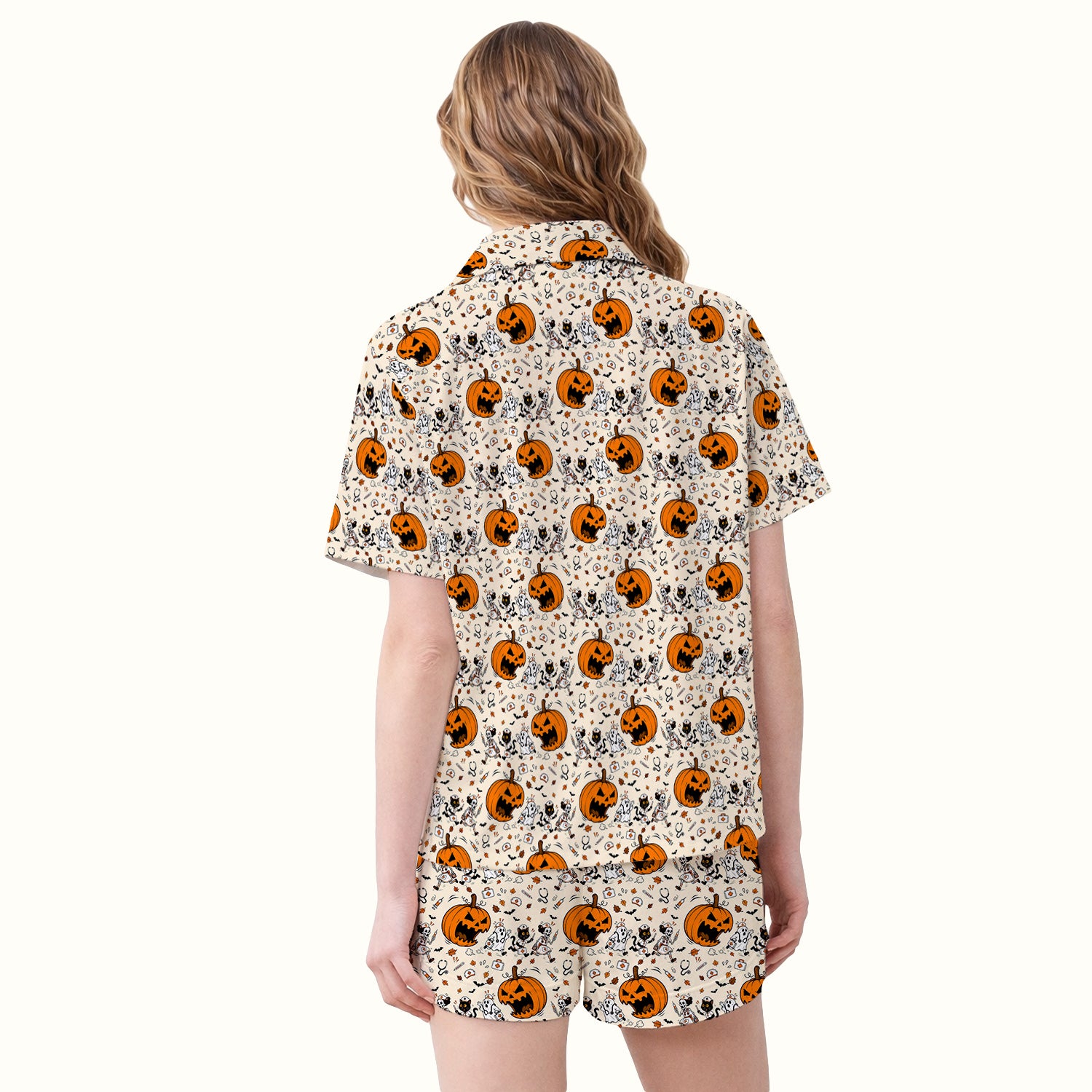 Funny Halloween Pumpkin Chasing Nurses Pajama Set, Soft Breathable Fabric Comfortable Sleepwear