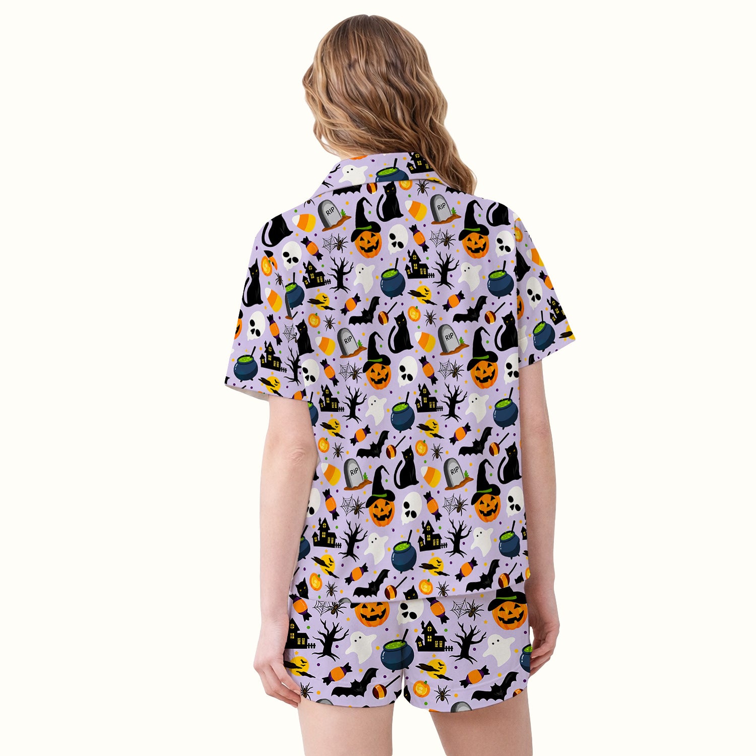 Ghost Pumpkin Witch Pattern Pajama Set, Soft Breathable Fabric Comfortable Sleepwear
