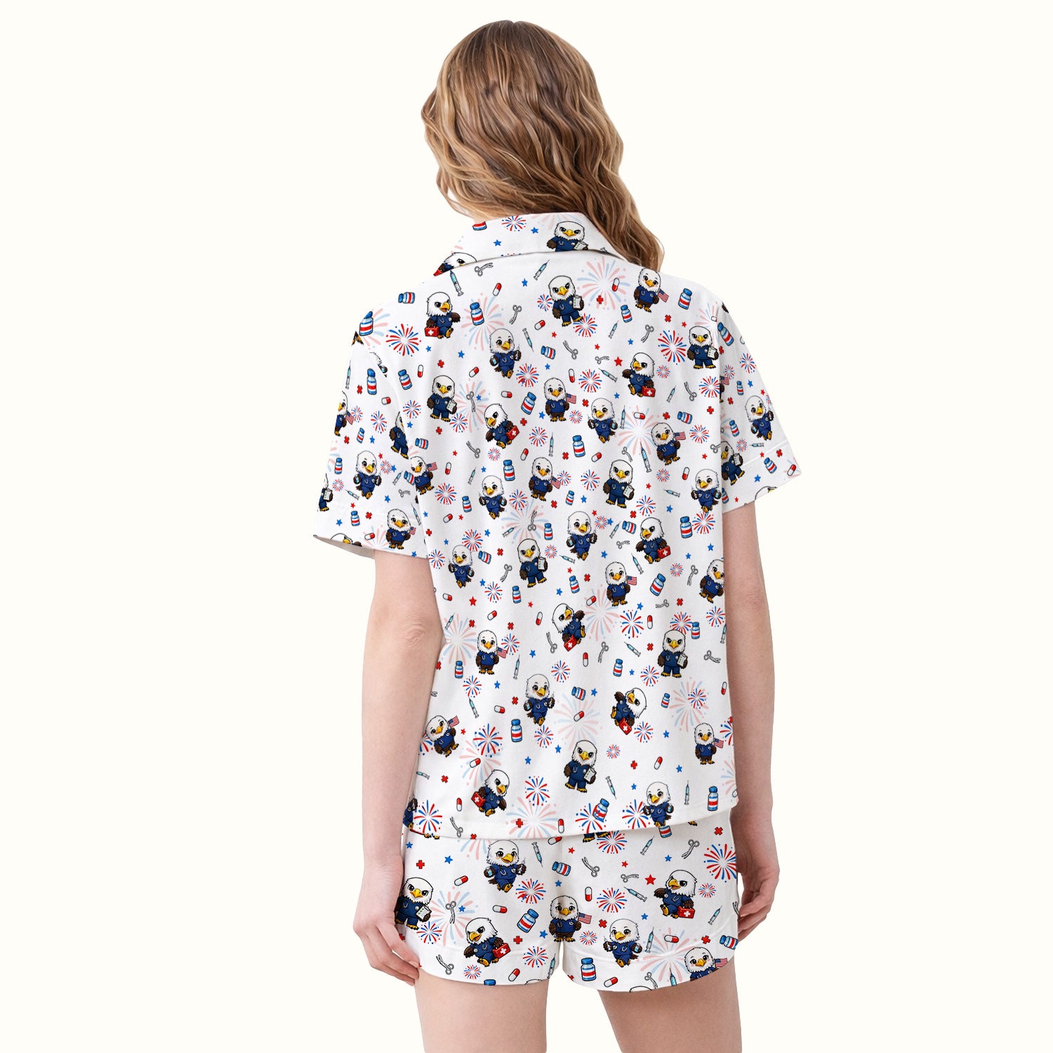 Patriotic Nurse Eagle Fireworks Medical Pattern Pajama Set, Breathable Fabrics Uniform