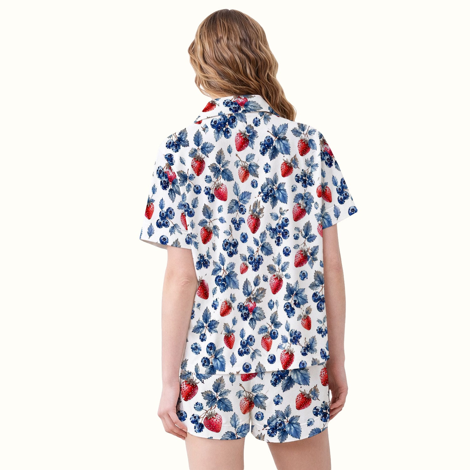 Cute Strawberry & Blueberry Leaf Pattern Pajama Set, Soft Breathable Fabric Comfortable Sleepwear
