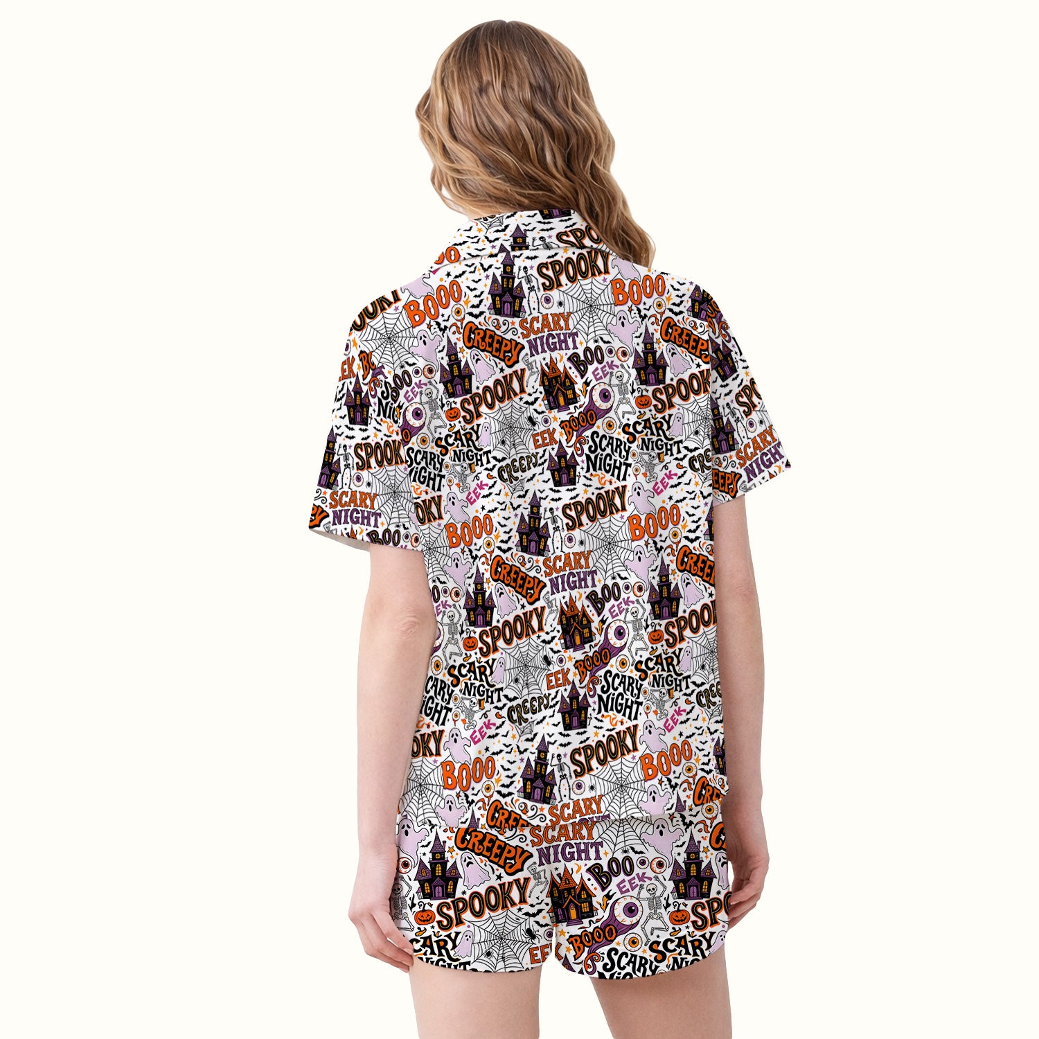 Spooky Halloween Haunted House Typography Pajama Set, Soft Breathable Fabric Comfortable Sleepwear