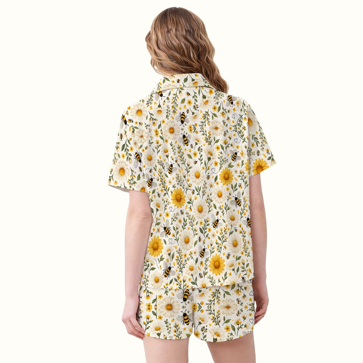 Cute Honey Bee And Daisy Pattern Pajama Set, Soft Breathable Fabric Comfortable Sleepwear