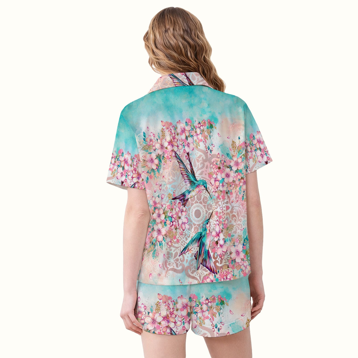 Charming Hummingbird Cherry Blossom Pattern Pajama Set, Soft Breathable Fabric Comfortable Sleepwear