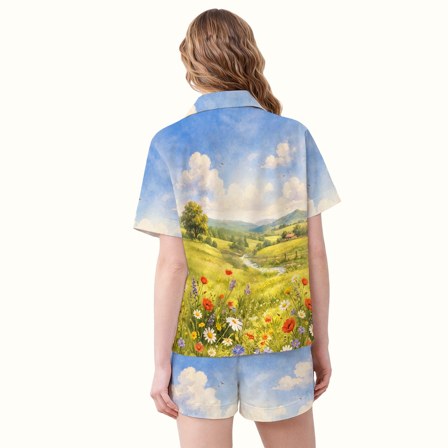 Cute Cow Wearing Boots Meadow Scene Pattern Pajama Set, Soft Breathable Fabric Comfortable Sleepwear