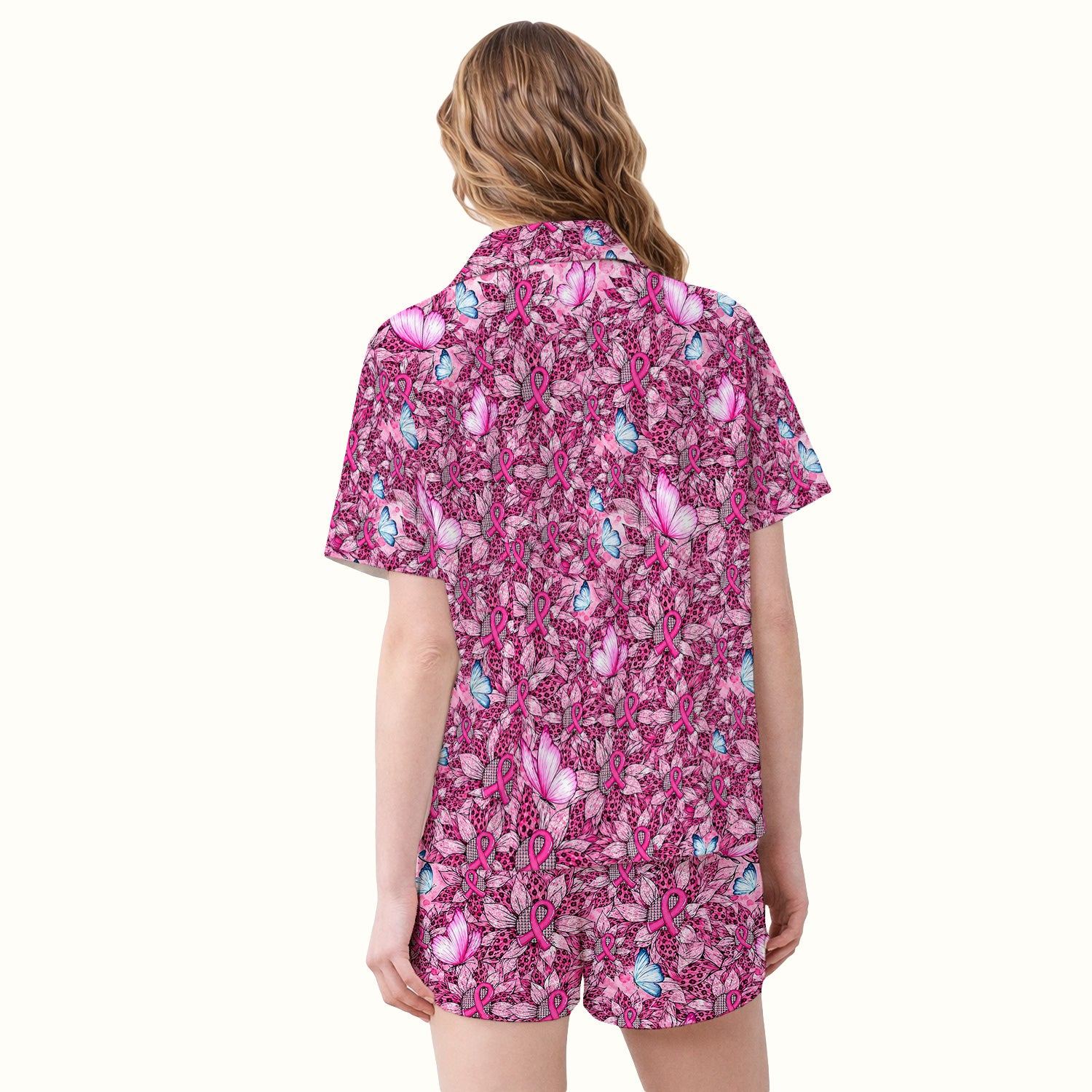 Pink Ribbon Butterfly Pajama Set, Soft Breathable Fabric Comfortable Sleepwear
