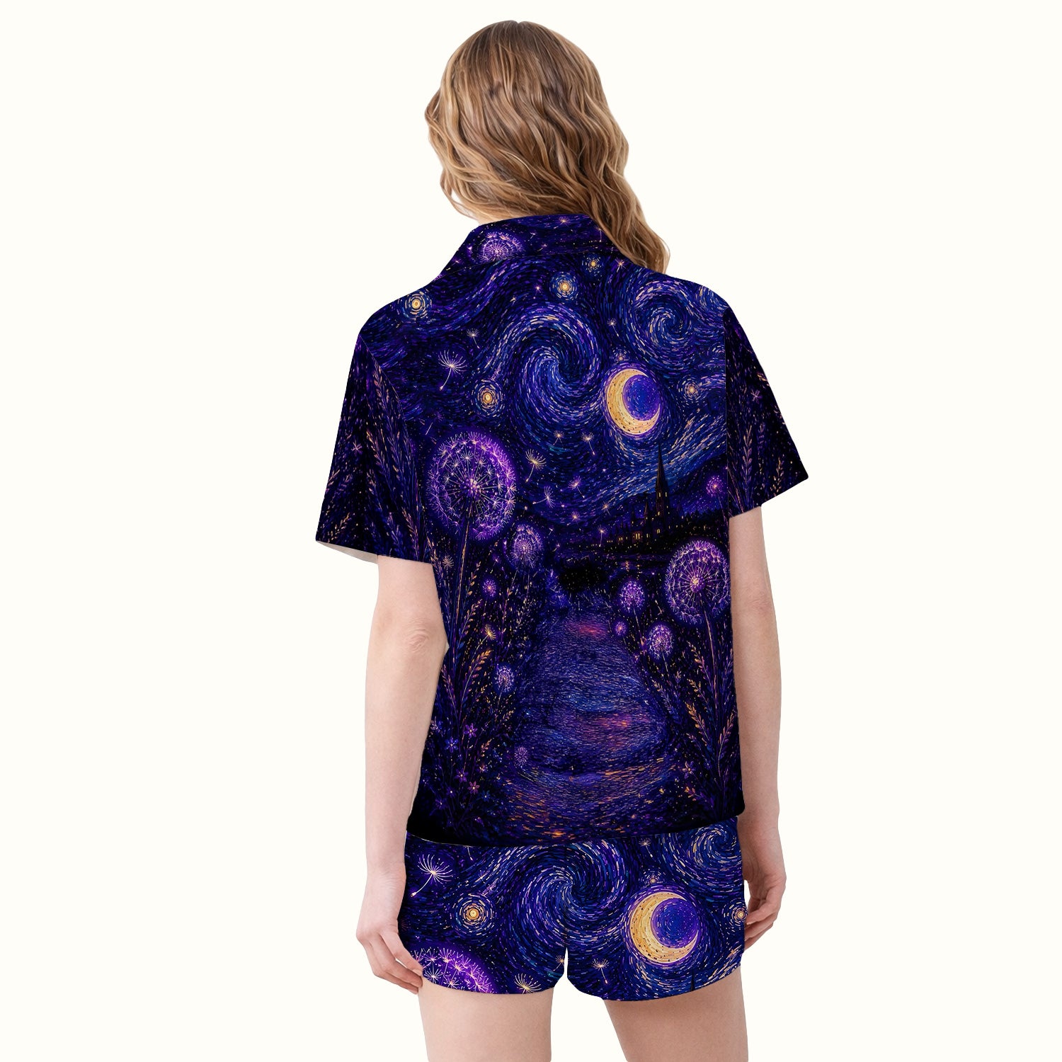 Mystical Black Cat Starry Night Print Pajama Set, Soft Breathable Fabric Comfortable Sleepwear