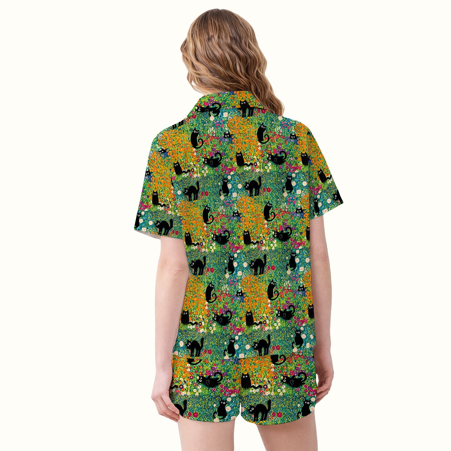 Black Cat Flower Garden Pattern Pajama Set, Soft Breathable Fabric Comfortable Sleepwear