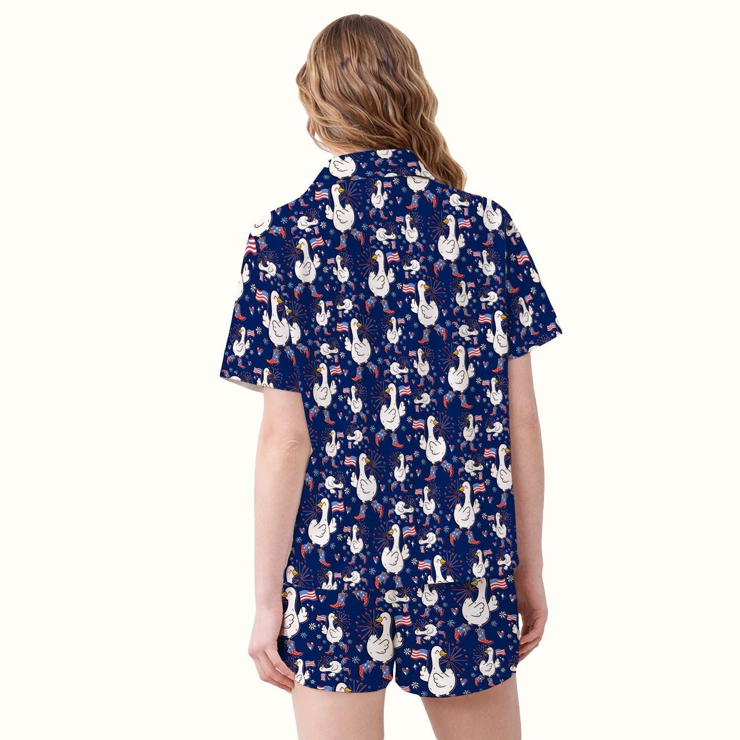 Patriotic Goose With USA Flag Fireworks Pajama Set, Soft Breathable Fabric Comfortable Sleepwear