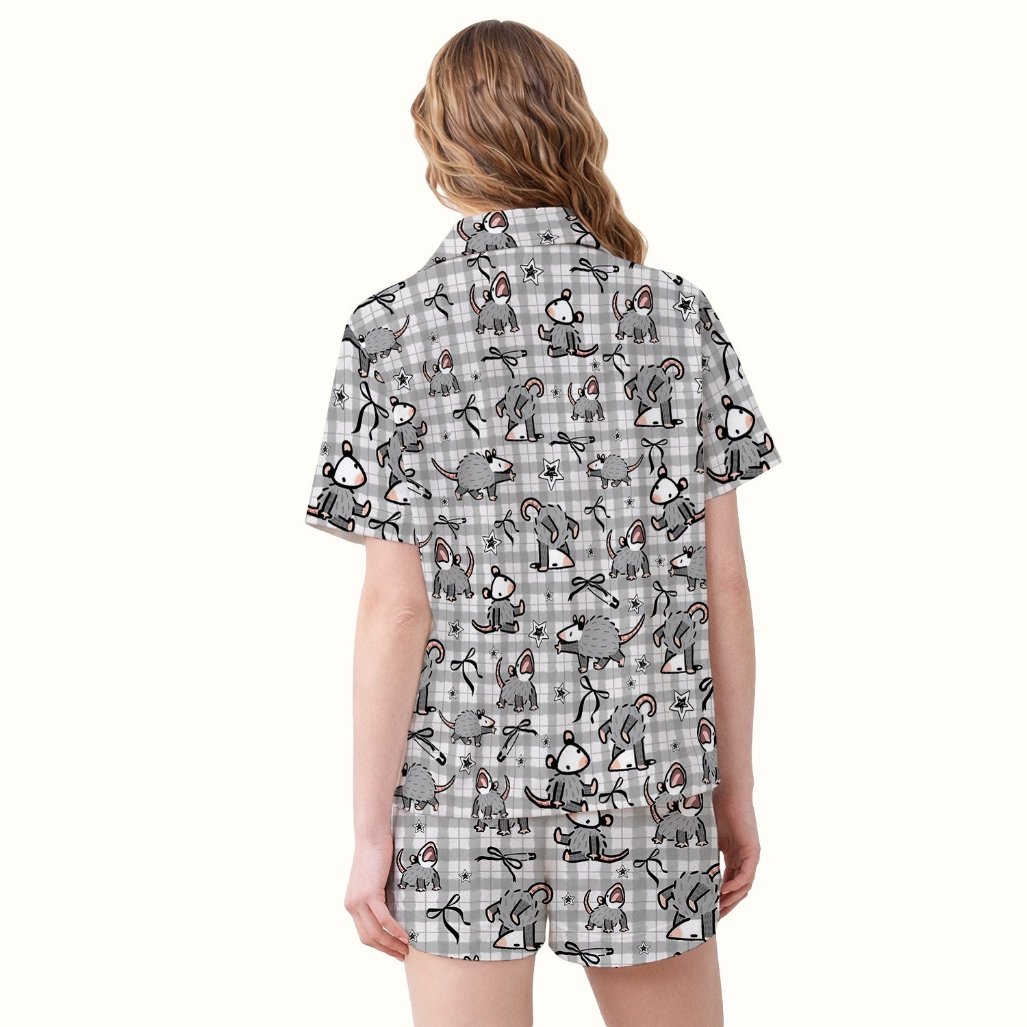 Funny Mouse Cartoon Pattern Print Pajama Set, Breathable Fabrics Uniform