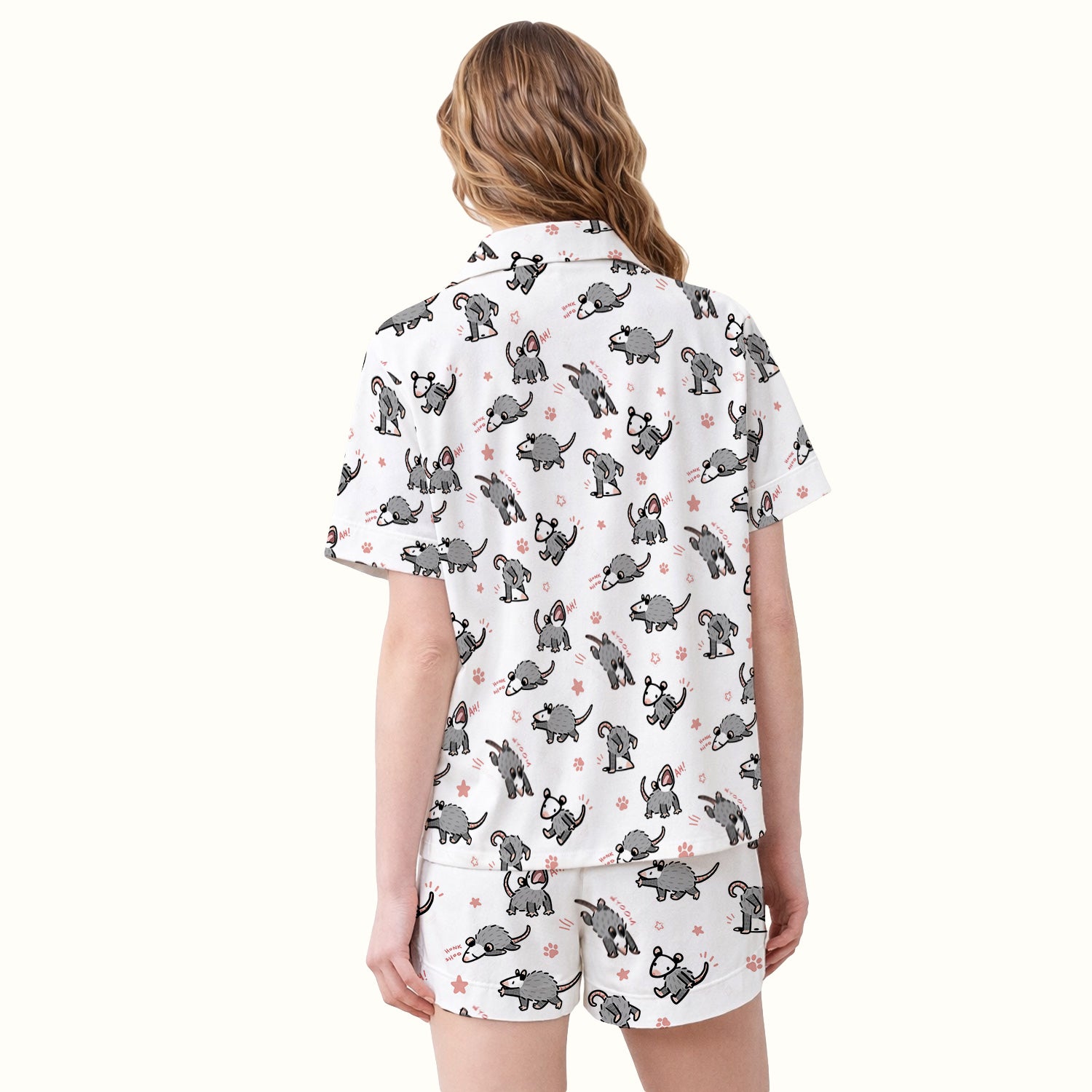 Playful Cartoon Opossum Character Pattern Pajama Set, Breathable Fabrics Uniform
