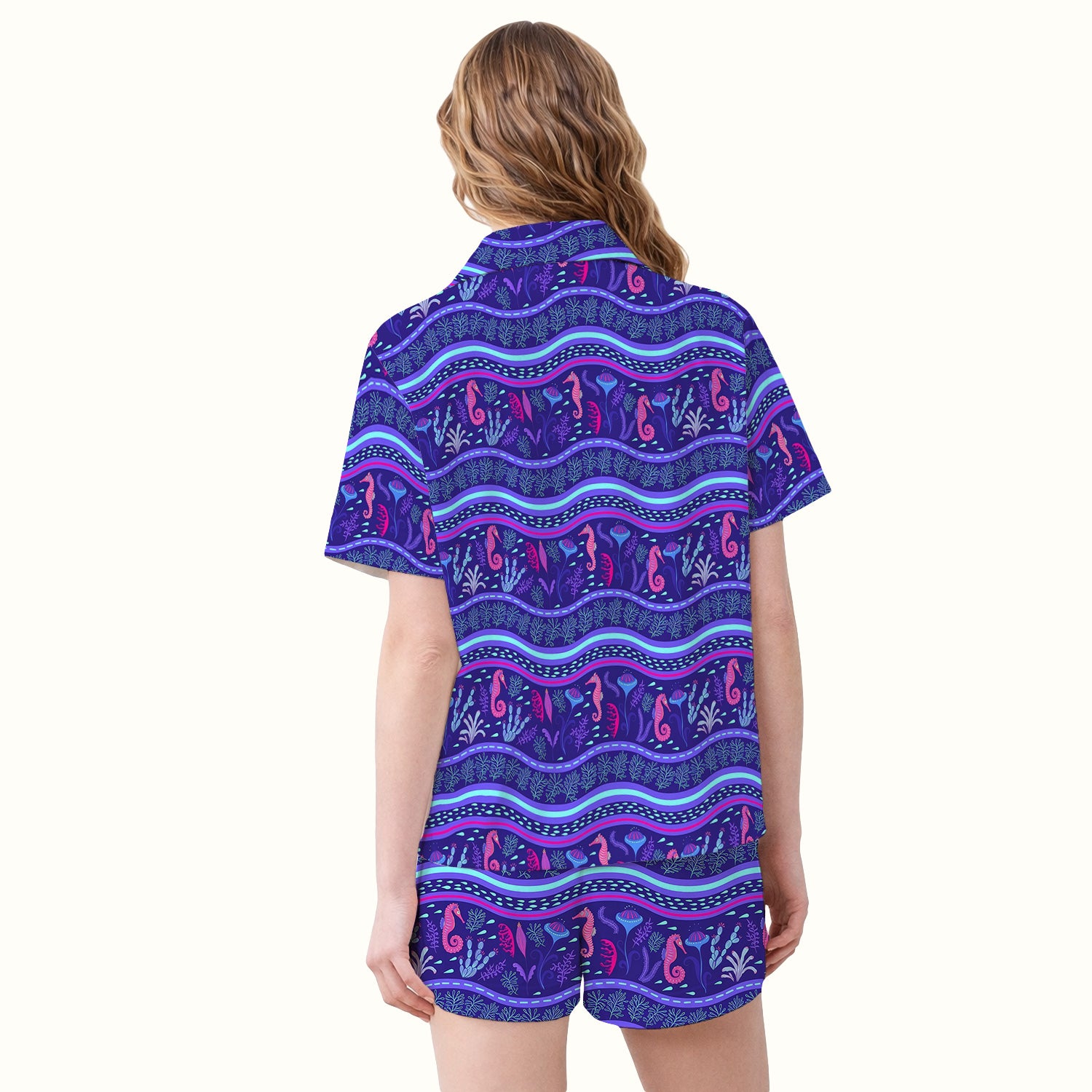 Purple Seahorse Ocean Pattern Pajama Set, Soft Breathable Fabric Comfortable Sleepwear