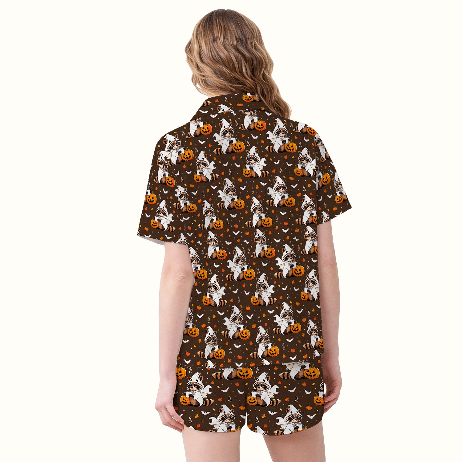 Halloween Ghost Raccoon Pumpkin Pajama Set, Soft Breathable Fabric Comfortable Sleepwear
