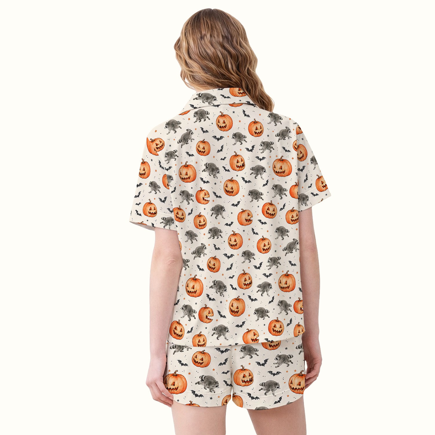 Spooky Halloween Raccoon And Pumpkin Pajama Set, Soft Breathable Fabric Comfortable Sleepwear