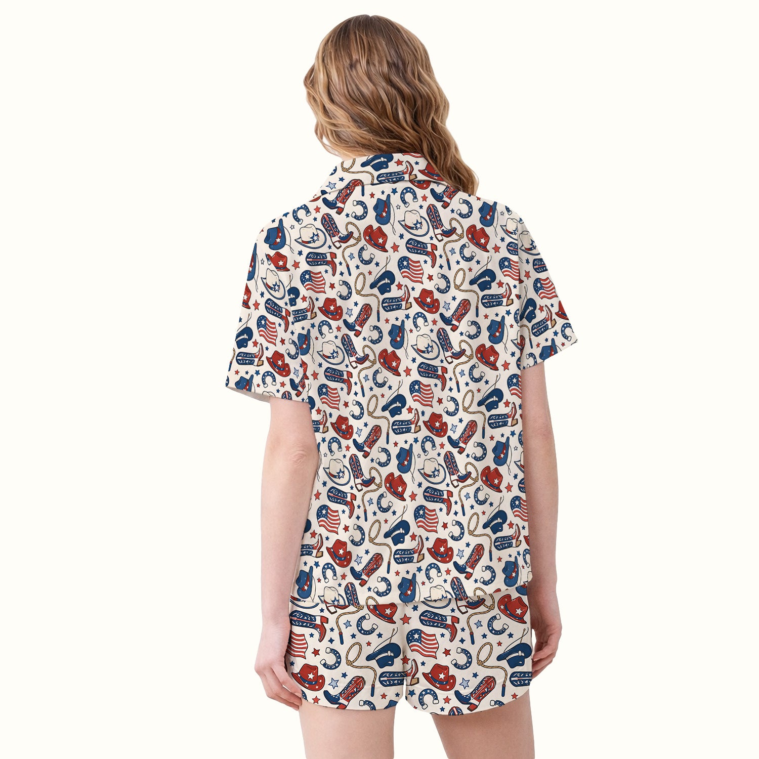 Patriotic Cowboy Boots Horseshoe Pattern Pajama Set, Soft Breathable Fabric Comfortable Sleepwear