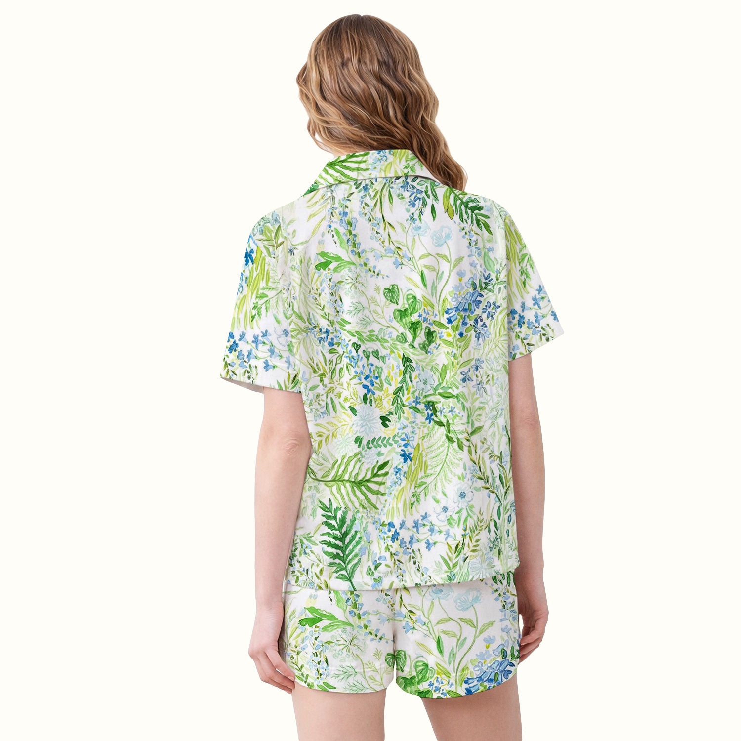 Green Botanical Floral Pattern Pajama Set, Breathable Fabrics Uniform