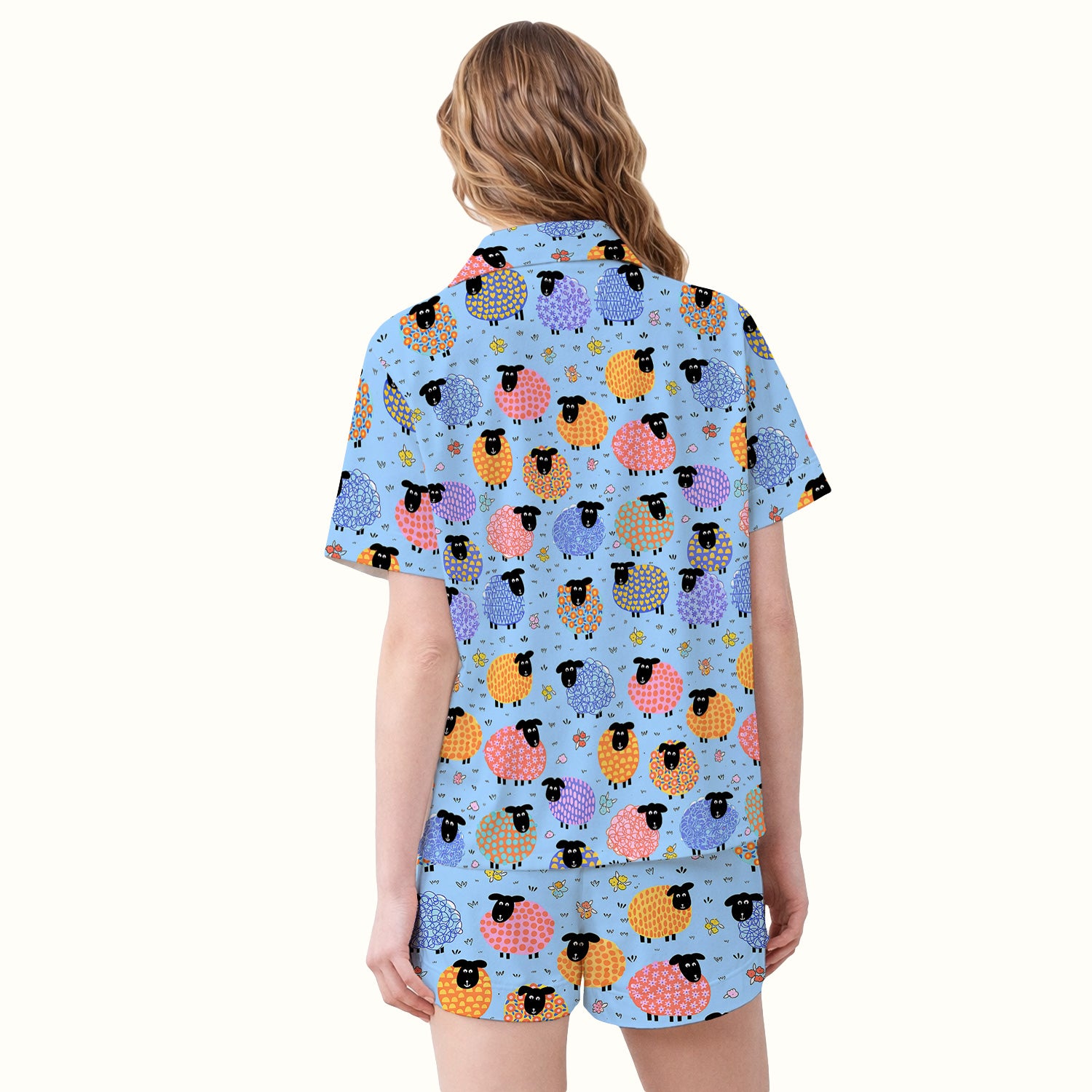 Funny Colorful Sheep Pattern Pajama Set, Breathable Fabrics Uniform