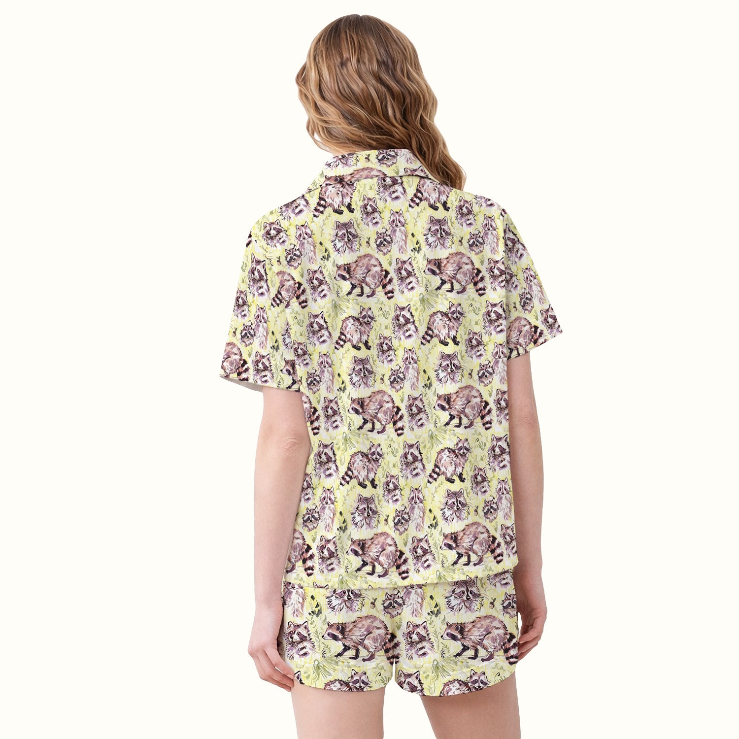 Cute Woodland Raccoon Forest Animal Pattern Pajama Set, Soft Breathable Fabric Comfortable Sleepwear