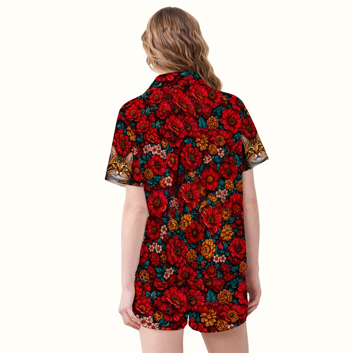 Adorable Tabby Cat Floral Garden Pattern Pajama Set, Soft Breathable Fabric Comfortable Sleepwear