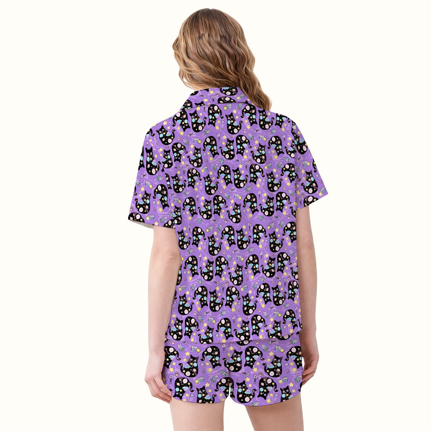 Galaxy Black Cat Space Pattern Pajama Set, Breathable Fabrics Uniform
