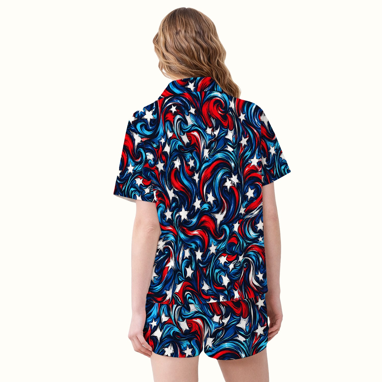 American Flag Heart Pattern Pajama Set, Soft Breathable Fabric Comfortable Sleepwear
