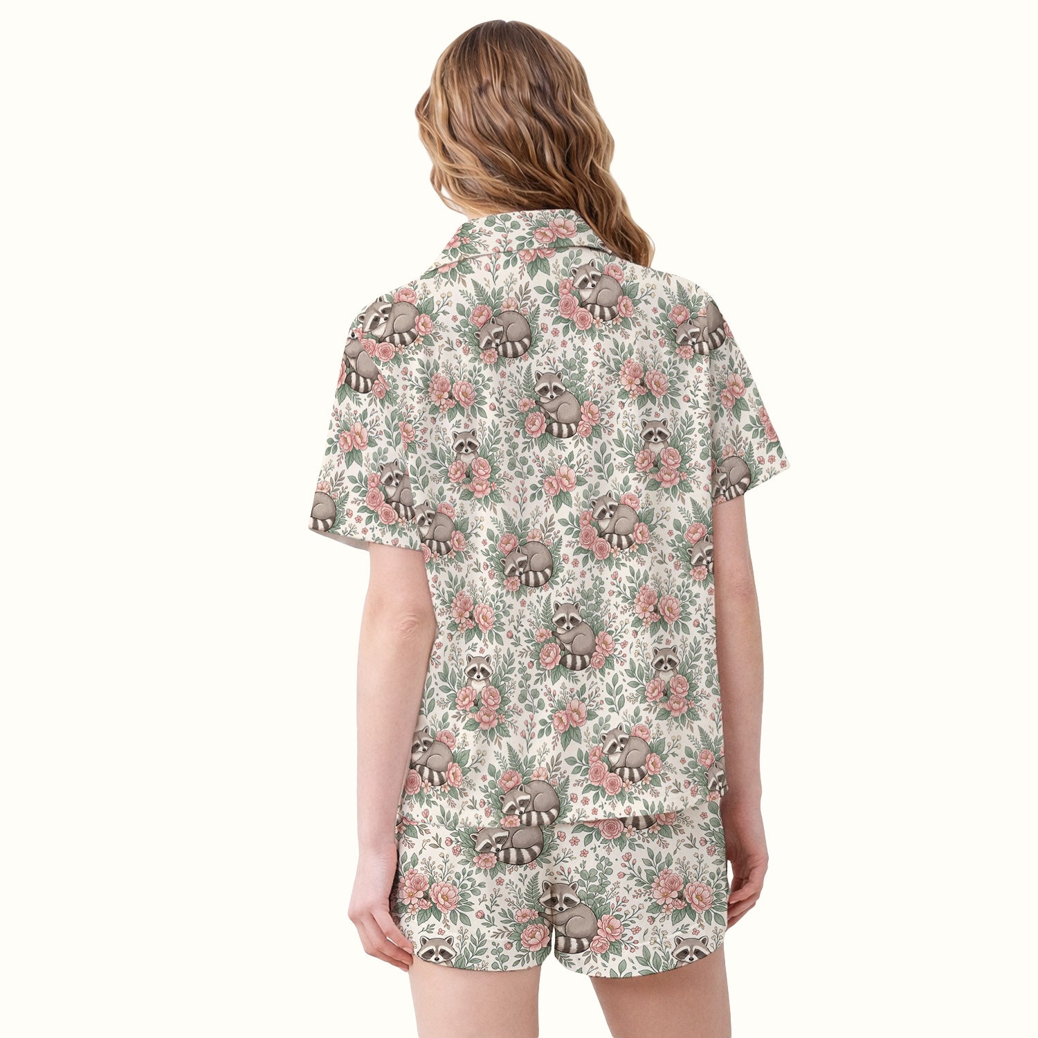 Sleeping Raccoon Rose Garden Pattern Pajama Set, Soft Breathable Fabric Comfortable Sleepwear
