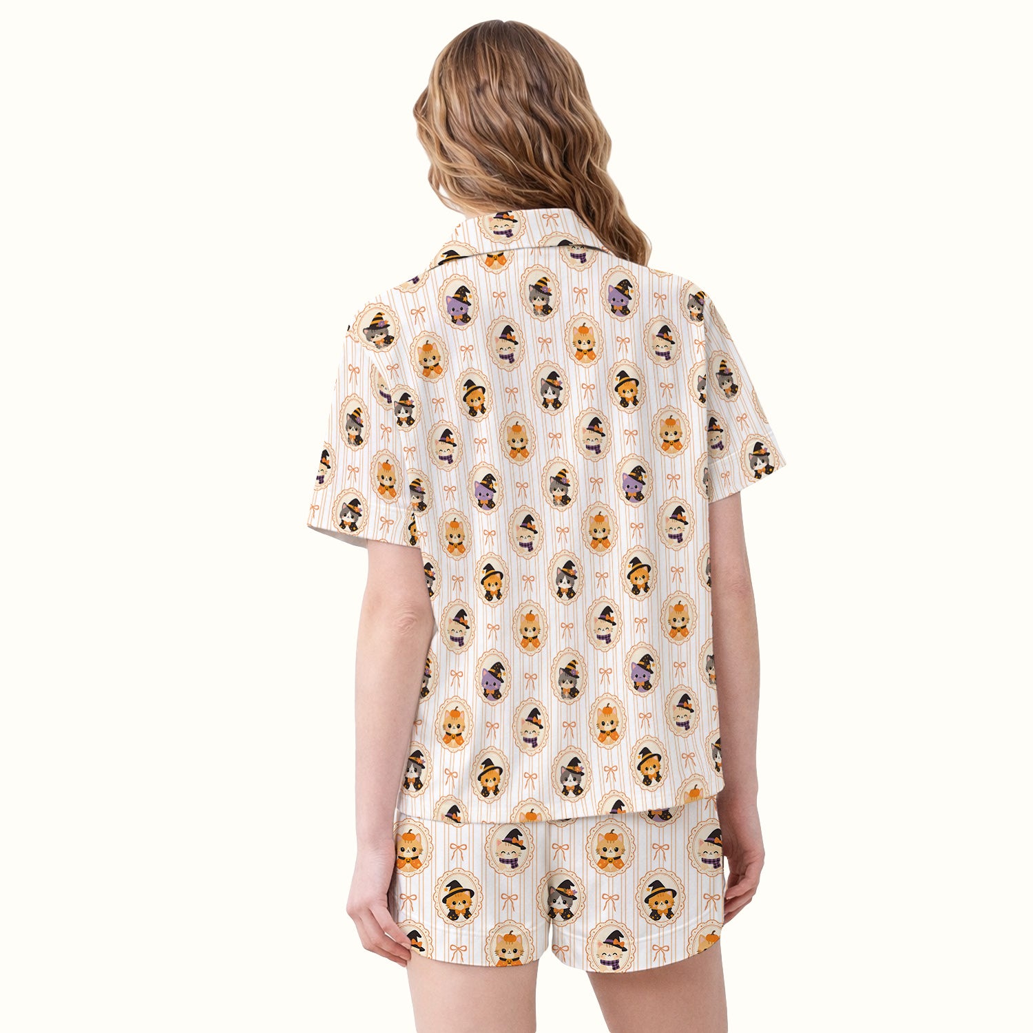 Cute Halloween Cat Stripe Pattern Pajama Set, Soft Breathable Fabric Comfortable Sleepwear