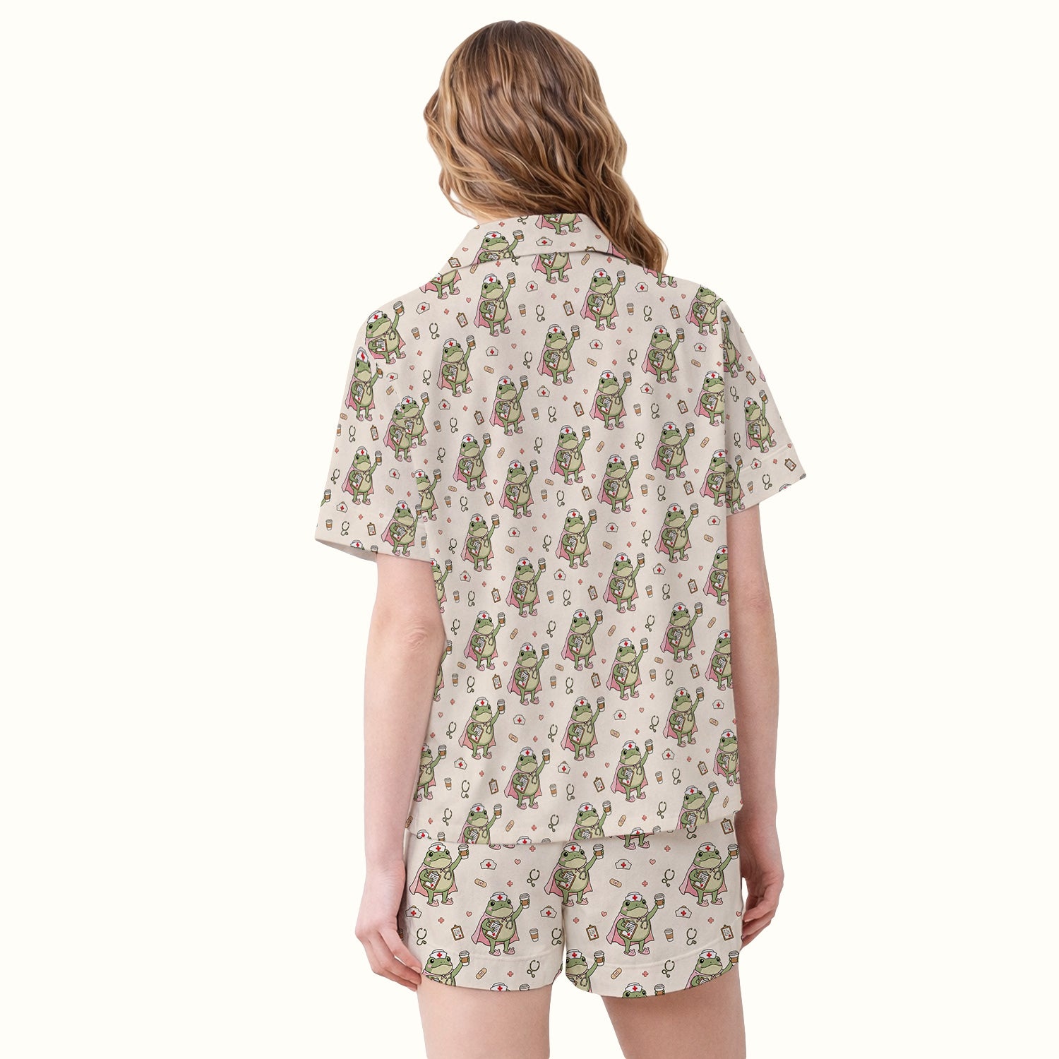Cute Super Nurse Frog Pattern Pajama Set, Soft Breathable Fabric Comfortable Sleepwear