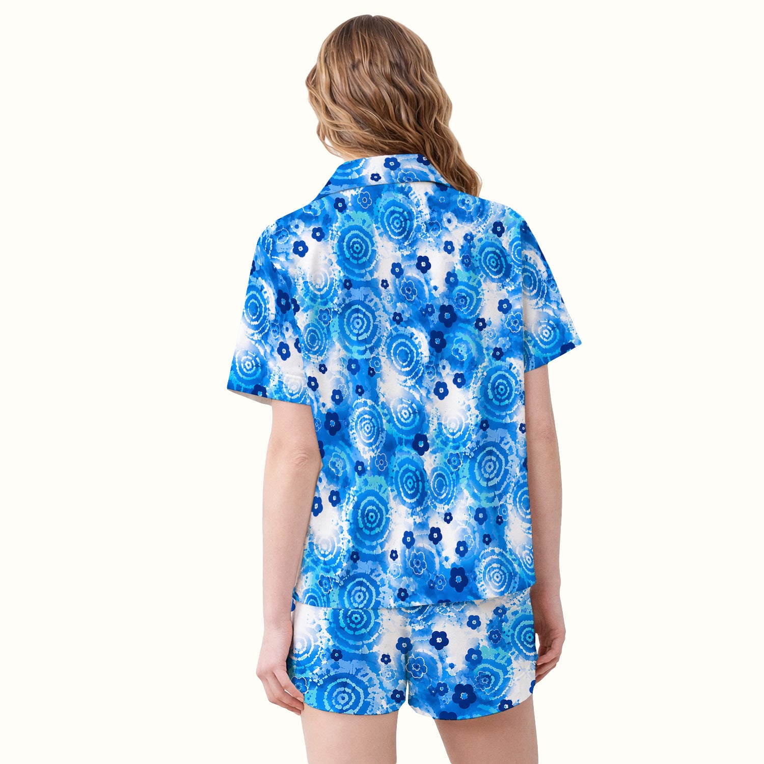 Blue Floral Spiral Nurse Pattern Scrub Top, Breathable Fabrics Nursing Uniform Pajama Set, Soft Breathable Fabric Comfortable Sleepwear