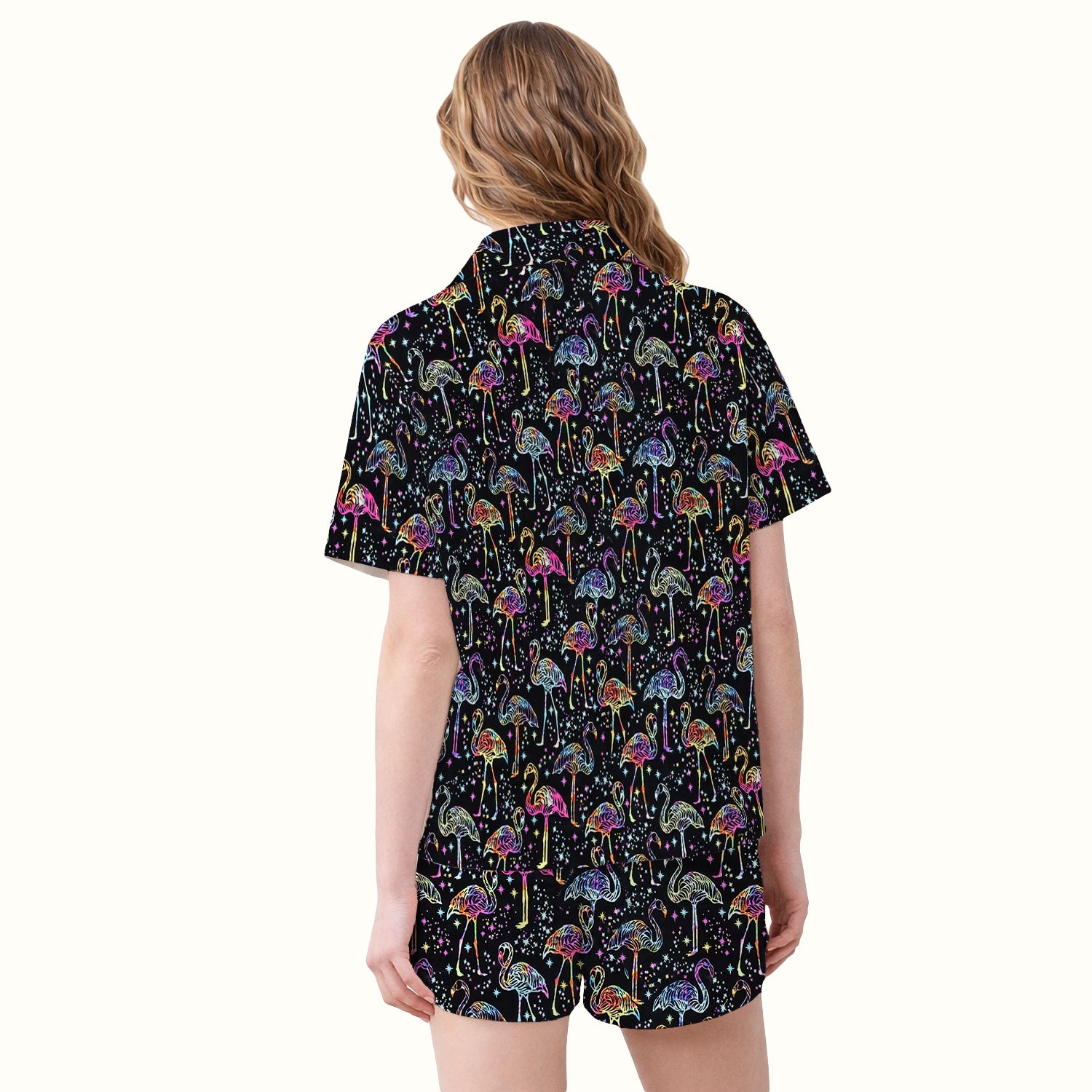 Neon Flamingo Starry Night Pattern Pajama Set, Soft Breathable Fabric Comfortable Sleepwear