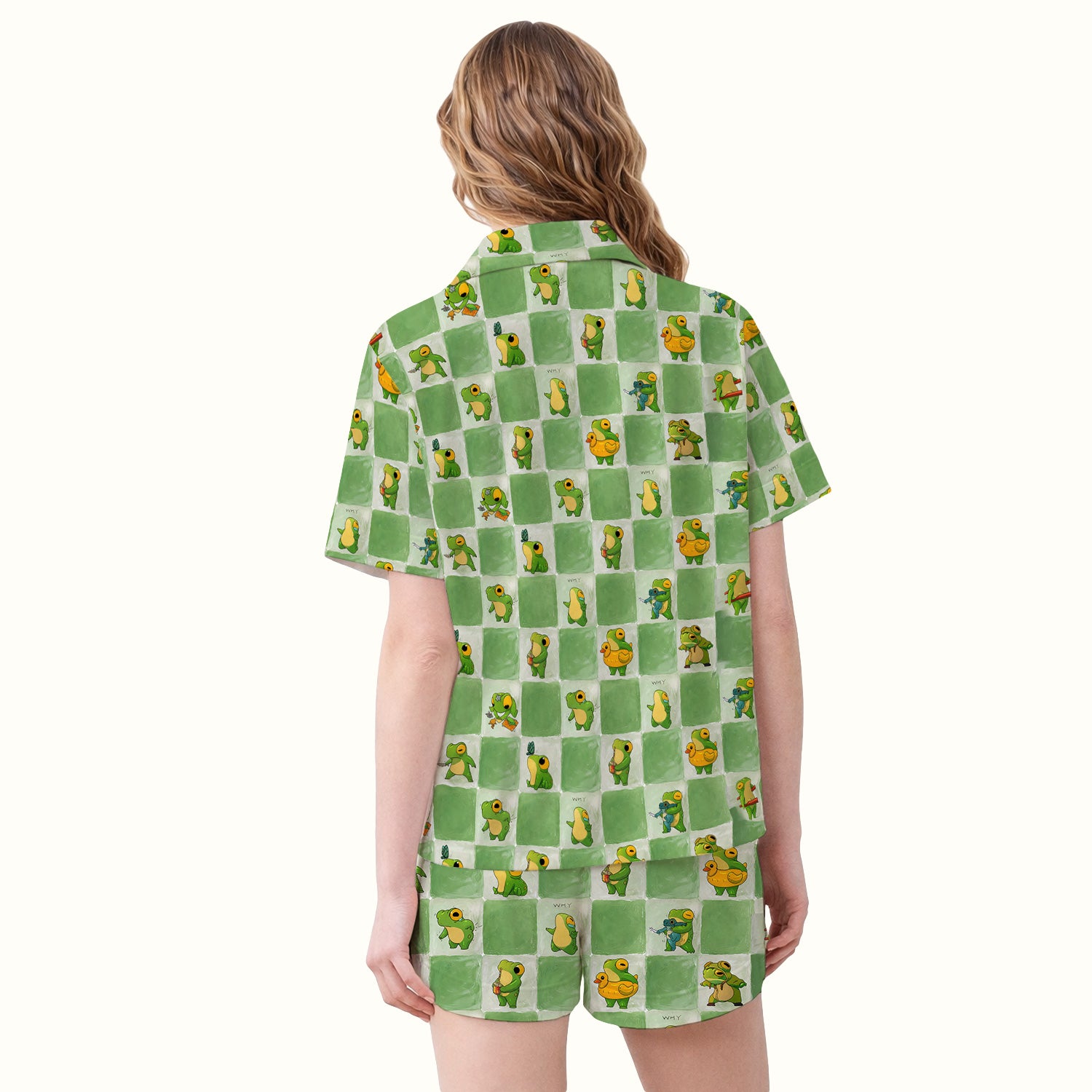 Cute Frog Duck Checkerboard Pattern Pajama Set, Breathable Fabrics Uniform