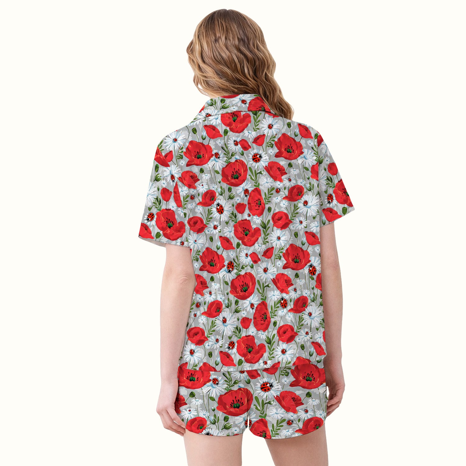 Cute Red Poppy Daisy Ladybug Floral Print Pajama Set, Soft Breathable Fabric Comfortable Sleepwear