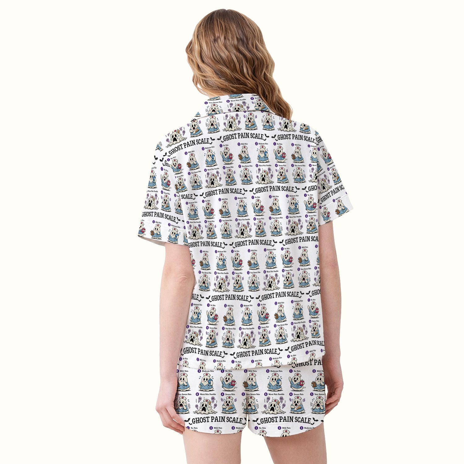 Funny Ghost Pain Scale Pattern Pajama Set, Soft Breathable Fabric Comfortable Sleepwear