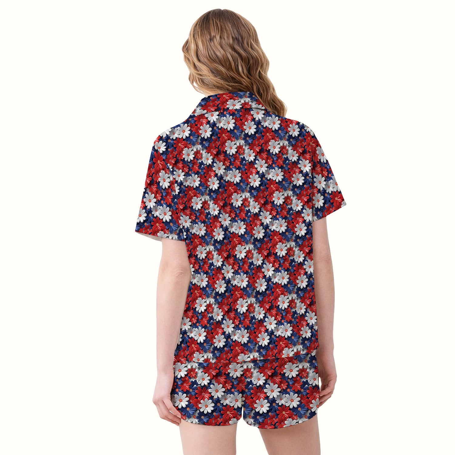 Festive Patriotic Daisy Bloom Pattern Pajama Set, Soft Breathable Fabric Comfortable Sleepwear