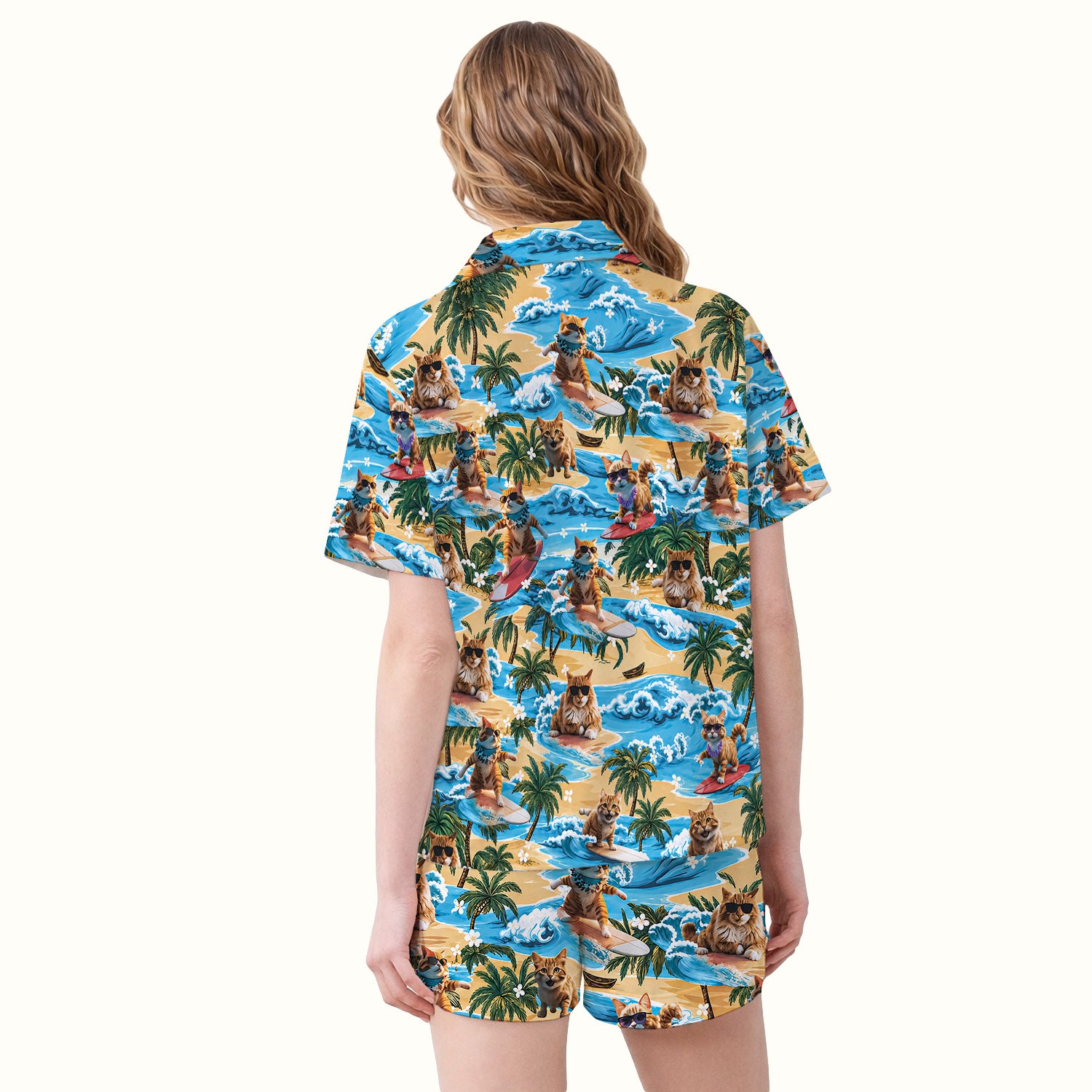 Tropical Surfing Cat with Beach Wave Island Print Pajama Set, Soft Breathable Fabric Comfortable Sleepwear