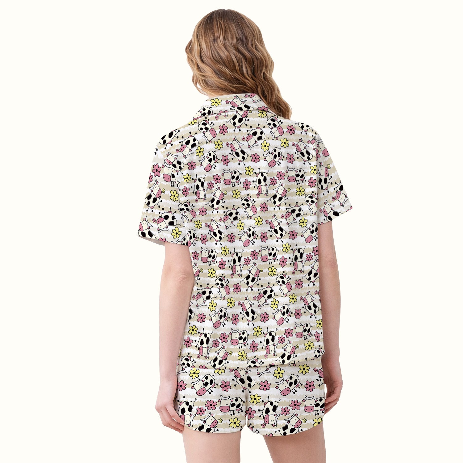Cute Cartoon Cow Flower Meadow Pattern Nurse Pajama Set, Soft Breathable Fabric Comfortable Sleepwear