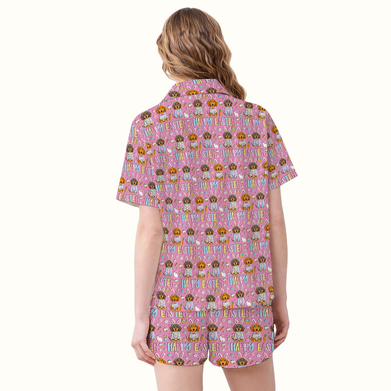 Happy Easter Dachshund Bunny Print Pajama Set, Breathable Fabrics Uniform