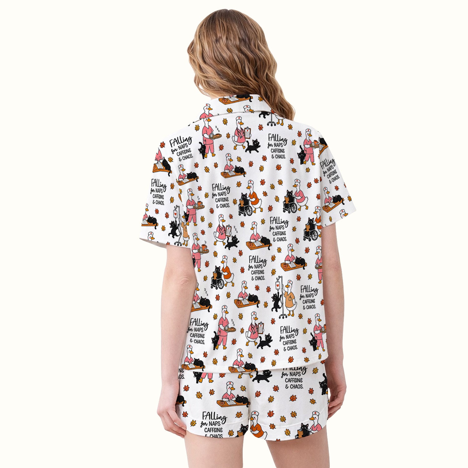 Funny Fall Nurse Goose And Black Cat Pajama Set, Soft Breathable Fabric Comfortable Sleepwear