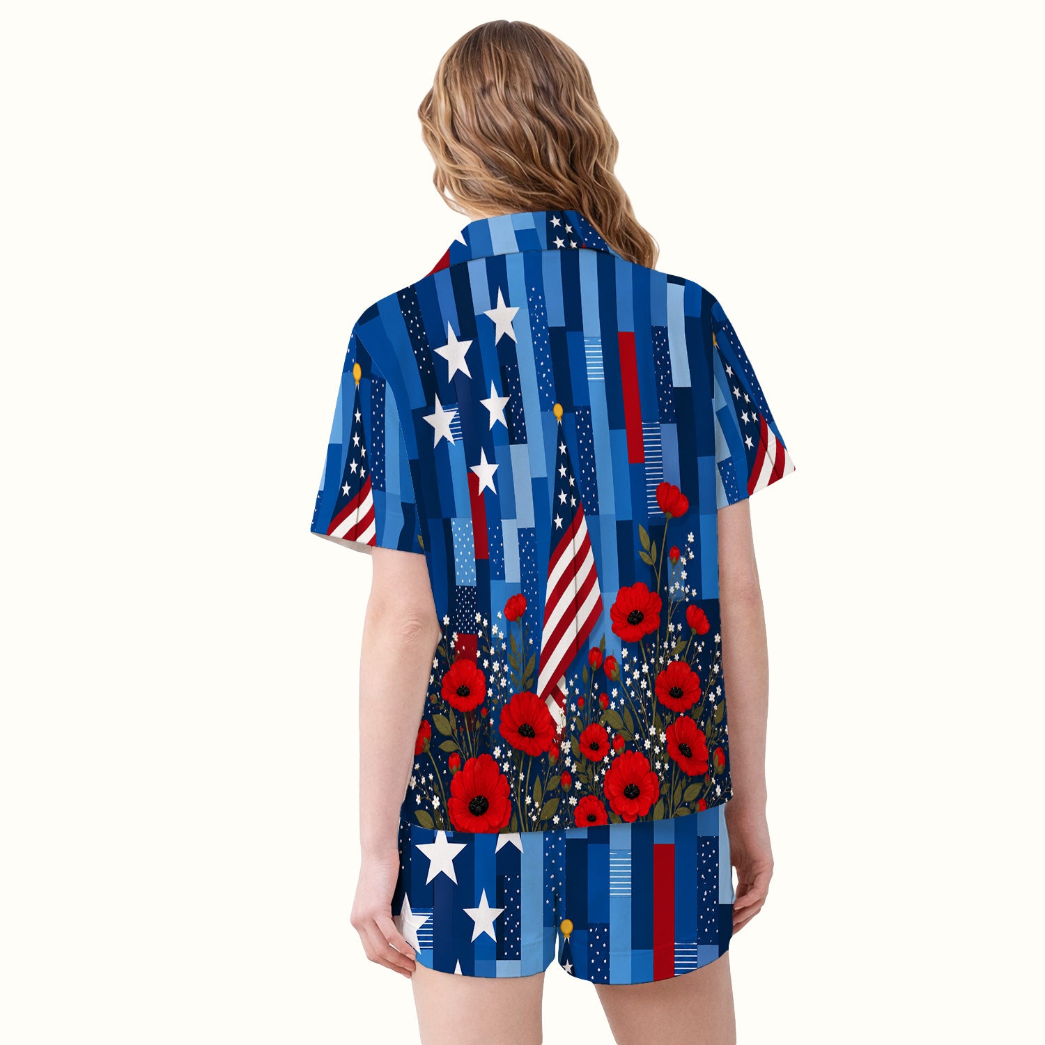 Patriotic Nurse Flag Poppy Pattern Pajama Set, Soft Breathable Fabric Comfortable Sleepwear
