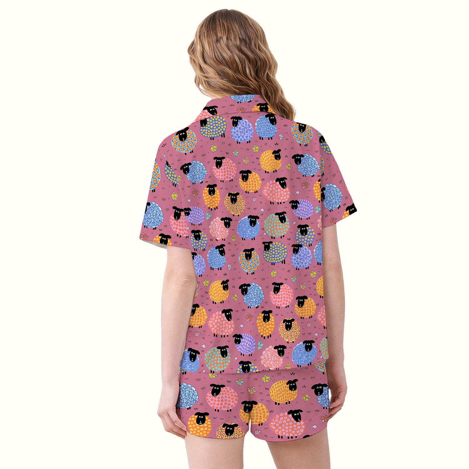 Funny Colorful Sheep Pattern Pajama Set, Breathable Fabrics Uniform