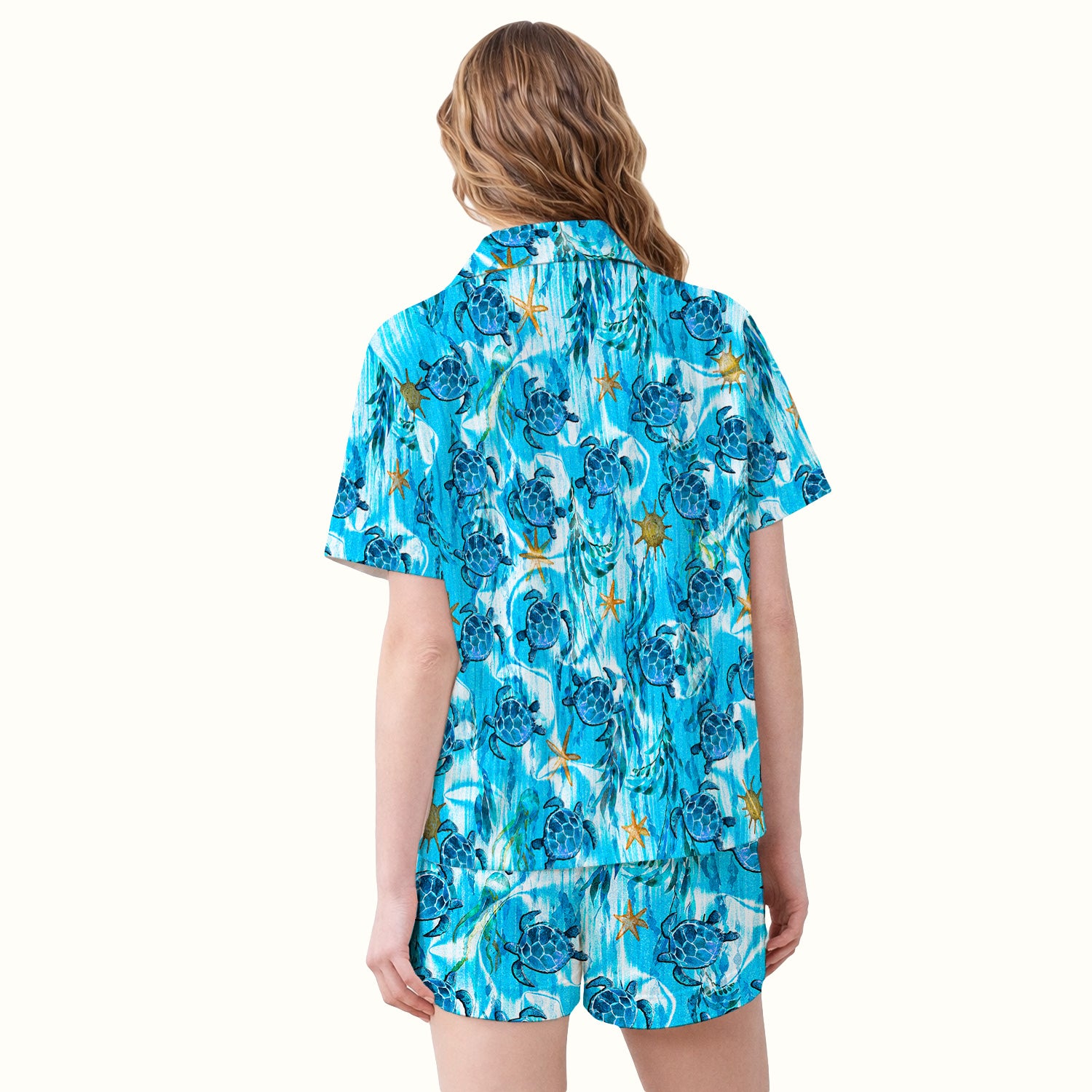 Coastal Marine Life Print Pajama Set, Soft Breathable Fabric Comfortable Sleepwear