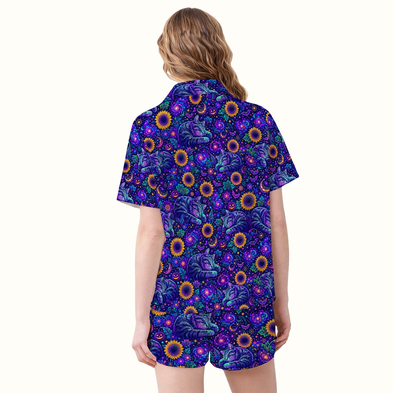 Spooky Galaxy Cat And Sunflowers Pajama Set, Soft Breathable Fabric Comfortable Sleepwear