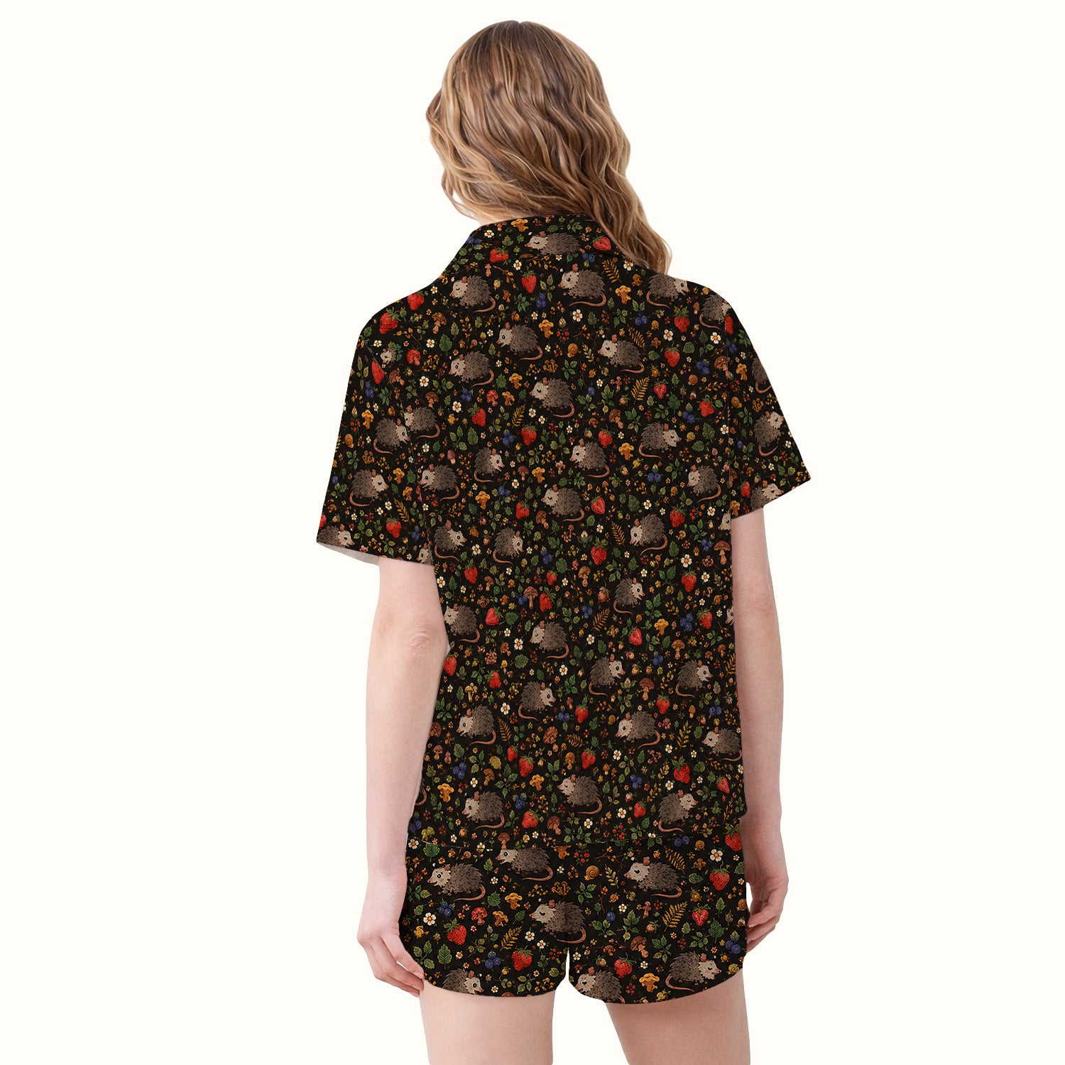 Woodland Opossum Berry Mushroom Pattern Pajama Set, Soft Breathable Fabric Comfortable Sleepwear