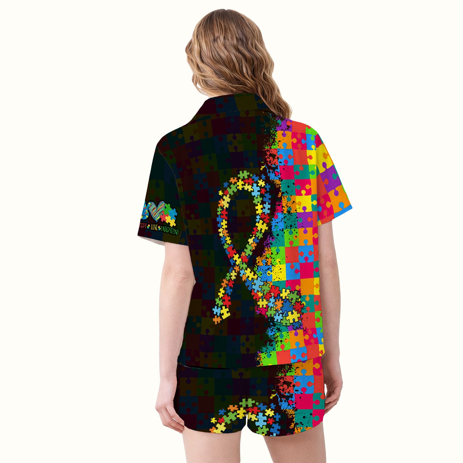 Personalized Autism Puzzle Ribbon Colorful Print Pajama Set, Breathable Fabrics Uniform