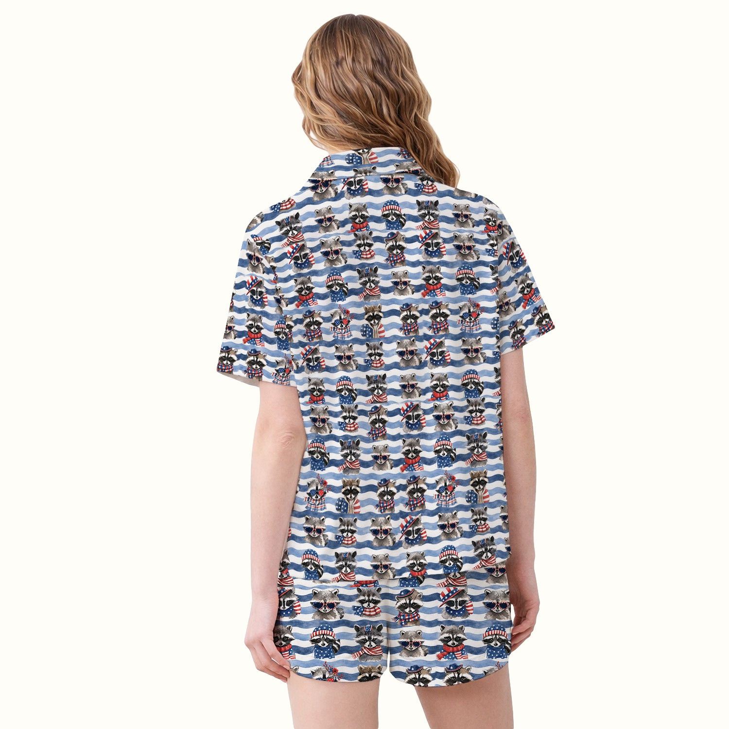 Patriotic Raccoon Watercolor Stripe Pattern Pajama Set, Soft Breathable Fabric Comfortable Sleepwear