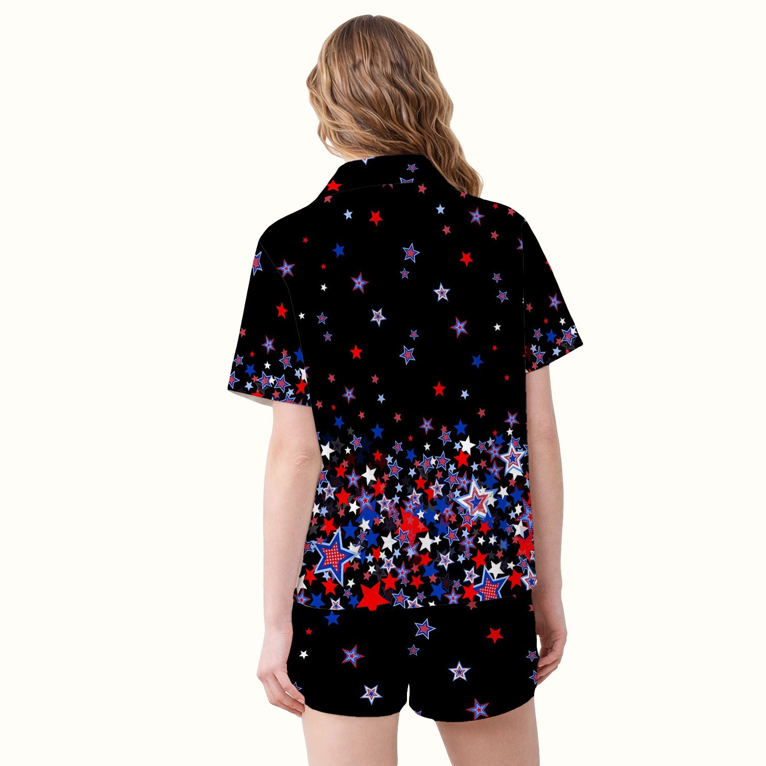 Festive Patriotic Red Blue Star Pattern Pajama Set, Soft Breathable Fabric Comfortable Sleepwear