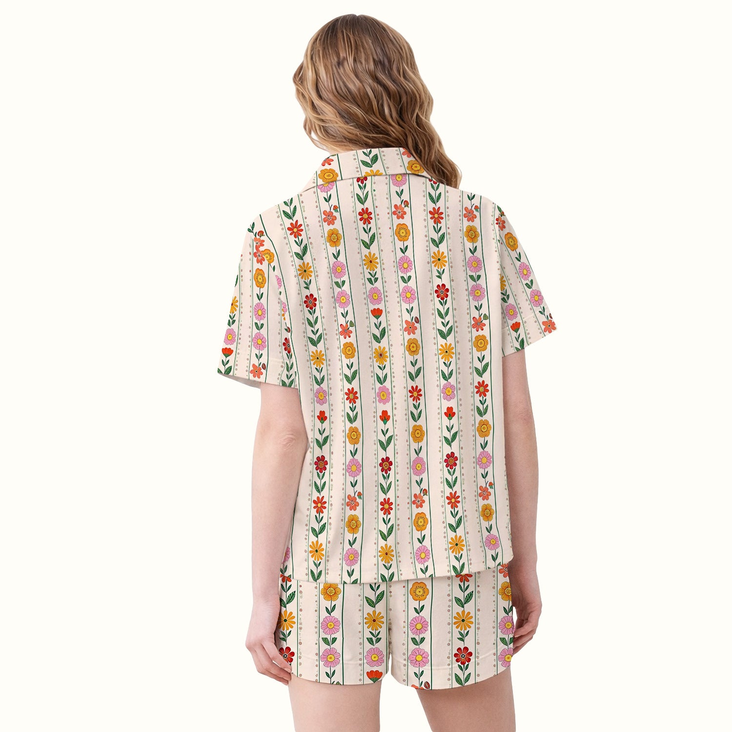 Retro Floral Stripe Print Pajama Set, Soft Breathable Fabric Comfortable Sleepwear