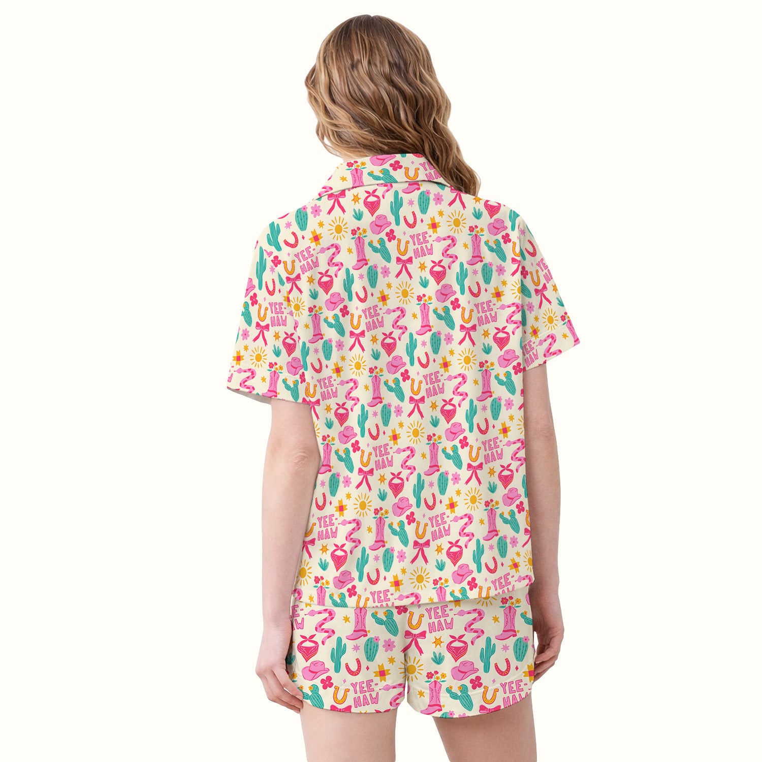 Pink Western Cowgirl Nurse Pattern Pajama Set, Soft Breathable Fabric Comfortable Sleepwear