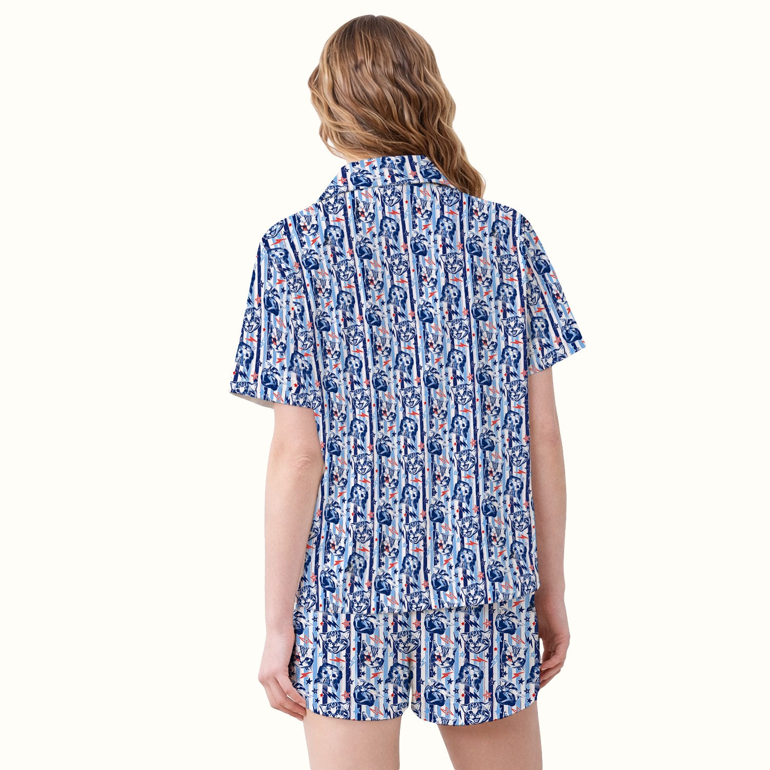 Cute Cat Faces With Lightning Print Pajama Set, Soft Breathable Fabric Comfortable Sleepwear